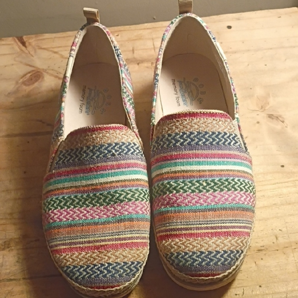 BOBS from Skecher Striped Multicolor Slip-On in Pink Green Blue Tan